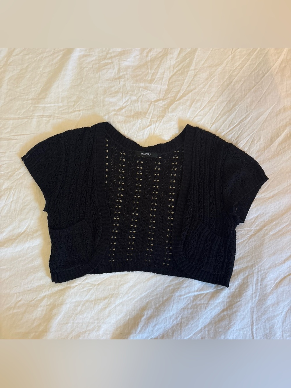 MADORA Black Open-Knit Cropped Cardigan